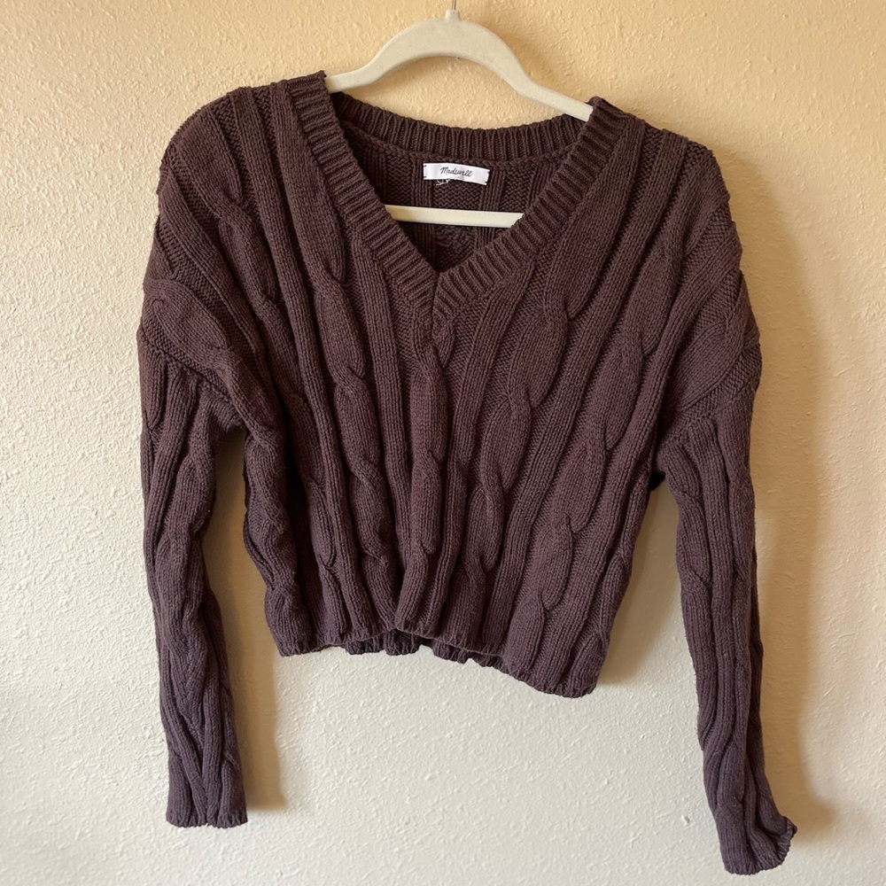 Madewell Chocolate V-Neck Cable Knit Sweater